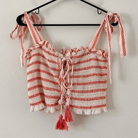 Free People Electric Love Red White Striped Lace Up Smocked Cropped Boho Top M - Picture 4 of 16